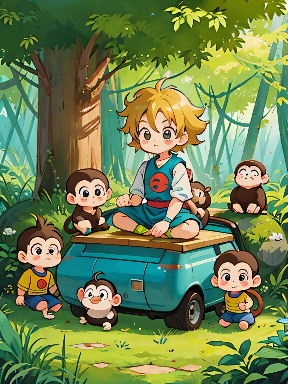Akira Toriyama style, Kawaii Design, Chibi, monkey, monkey Forest