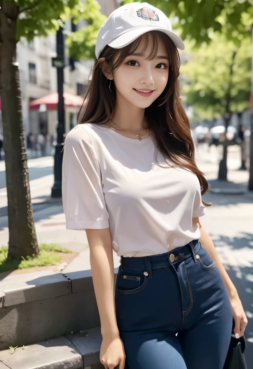 masterpiece, best quality:1.1), (8k, raw photo, photo realistic:1.2, f22), (shiny skin), detailed skin,long hair,detailed face, detailed eyes,smile,BREAK, real world, intricate details, smil, BREAK, 1girl, full body,pink,(short sleeves,blouse,pants,cap)BREAK, (park:1.4)
