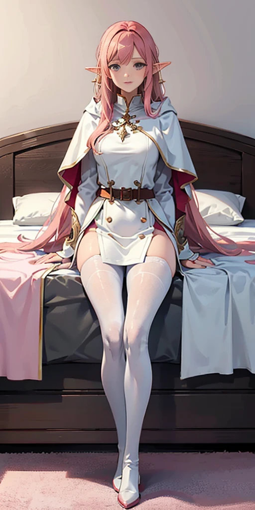 red tinted hair, white armor, long cape, long black glovelack pantyhoses, beautiful female standing with white boots (elf) (1girl) solo, sitting on bed, bedroom background (PINK SHEETS and a pillow)