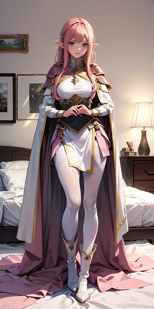 red tinted hair, white armor, long cape, long black glovelack pantyhoses, beautiful female standing with white boots (elf) (1girl) solo, sitting on bed, bedroom background (PINK SHEETS and a pillow)