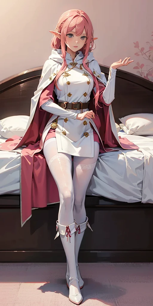 red tinted hair, white armor, long cape, long black glovelack pantyhoses, beautiful female standing with white boots (elf) (1girl) solo, sitting on bed, bedroom background (PINK SHEETS and a pillow)