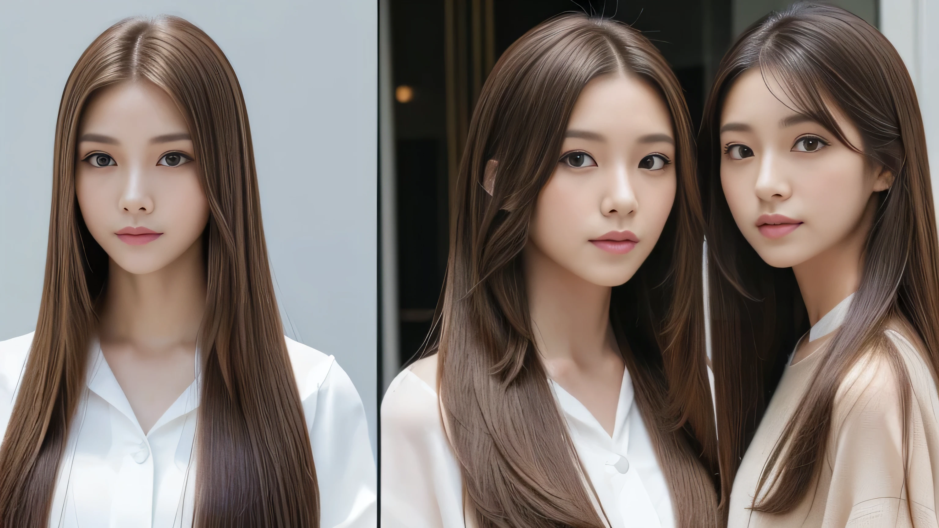 (((A photo of two identical twins, side-by-side, photographed from the neck up in the same space))) (two women with length brown hair posing for a picture, thin and shiny hair, Ulzzang, long and straight hair of brown color,, Brown long hair, beautifulgemini portrait, Brown long hair, beautifulgemini, length Hair, Smooth Hair, Flowing brown hair, With the same hairstyle, length, Flat Hair, length brown hair, Attractive long hair, Beautiful brown hair Two women with long brown hair posing for a photograph, Digital Art inspired by Wang Duo, tumbler, Digital Art, thin and shiny hair, Ulzzang, long and straight hair of brown color,, Brown long hair, beautifulgemini portrait, Brown long hair, beautifulgemini, length Hair, Smooth Hair, Flowing brown hair, With the same hairstyle, length, Flat Hair) ((both sides Random poses showing as much back and hair as possible:1.8)) ((Both sides Beautiful 24 year old hair model with long black hair, girl with super Very long hair that reaches down to the ankles, extremely Very long hair that reaches down to the ankles, Very long hair that reaches down to the ankles,Very long hair that reaches down to the ankles , Flowing Hair, very Very long hair that reaches down to the ankles, Very long hair that reaches down to the anklesgirl,Very long hair that reaches down to the ankles , flowing light brown hair, length Hair windy, Very long light brown hair, flowing light brown hair,Incredibly straight long-lasting hair, Abnormally long髪!!!! Her highest quality!!!! hair is long and straight., very long light brown hair that reaches down to the ankles, highest quality light brown hair , , Highest quality long straightなVery long hair that reaches down to the ankles straight, beautiful, High quality hair, Very long hair that reaches down to the ankles and highest quality straight light brown hair, straight, highest quality light brown hair, Perfect silky straight hair of the highest quality, straight, highest quality light brown hair , lengthLight brown hair straight hair, length, Thick and voluminous light brown hair Her hair is long and straight, Very long light brown hair, Abnormally long、or extremely long light brown hair, very long, straight, Light brown hair that reaches down to her ankles, Abnormally very long straight, beautiful hair of the highest quality, length Hair, length, straight light brown hair ,Extraordinarily very long light brown hair that lasts forever and free straight light brown hair , straight light brown hair)) (Both sides bangs are perfect.:1.3) (Japan's most sexy and beautiful 24-year-old beauty model) (Both sides They look at the viewer with a very captivating expression...) ((highest quality)), ((masterpiece)), (Familiar) (Get used to it) Perfect Face (both sidesHer skin is a typical Japanese skin color. And very detailed) (Both SidesBig Tits:1.3) (both sides She is wearing a beautiful shiny white camisole.) (both sides She has a beautiful face and a typical Japanese figure...., Narrow eyes) (both sides She has perfect beautiful and sexy makeup and face Lipstick is light red A solid eyeliner) ((Rich 1.4)) (Very detailed)