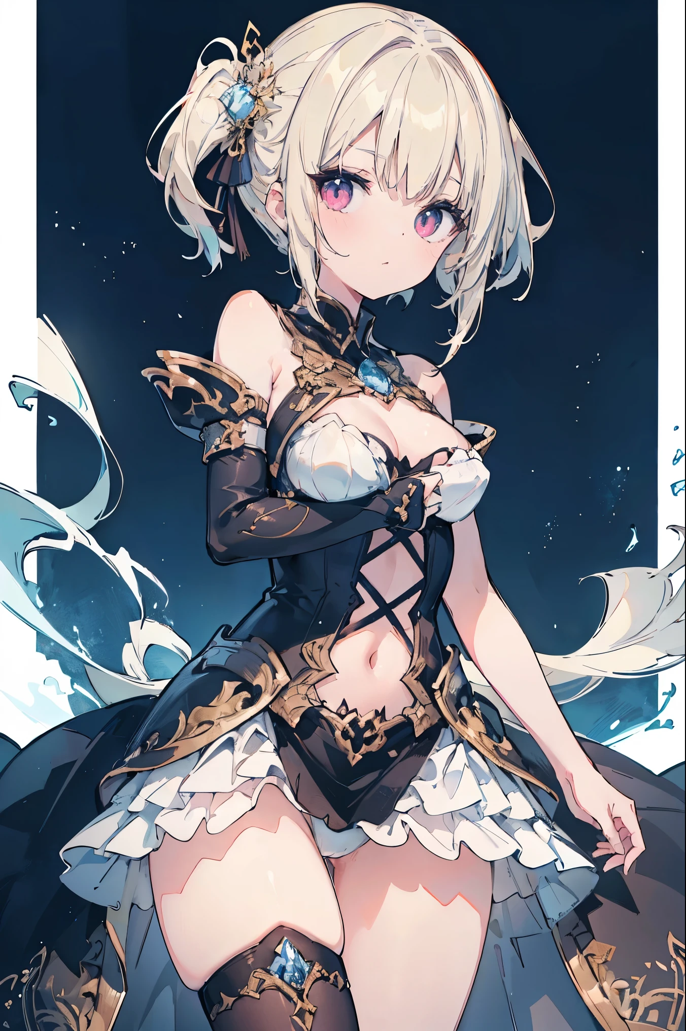 1girl, anime, cute girl, blank background, white background, fantasy, detailed fantasy dress with highlights, beautiful face, beautiful eyes, dark colors, black hair with multicolor streaks, red eye with different color pupil in eye, multicolor eye, medium breasts, slight cleavage, beautiful skin, cute, breast curtains, extremely delicate and beautiful, (beautiful detailed face:1.0), (detailed deep eyes), symmetrical breasts, deep eyes, shiny skin, portrait, slender waist, hips wider than shoulders, thighs, expressionless, young girl, luminous eyes, adorable,(Kpop idol),(aegyo sal:1),(Platinum blonde hair:1),((puffy eye)),Black panty,sexy posture,Superskirt, Ultra-high resolution,Black collar,slim figure, Abdominal y tattoo, womb tattoo,Tight-fitting leg ring,y tattoo on half-body,Bare skin, Armored hand,Hidden fingertips,Hand covered,Arm covered,Fist covered,{{beautiful detailed fingers}}, tufts of hair, moderate beautiful breast:1.0,(masterpiece:1.2), best quality, high-res, HDR, perfect face, intricate armor, delicate blue filigree, intricate filigree, red metalic parts, detailed part, dynamic pose, dynamic lights, cute face, neutral expression