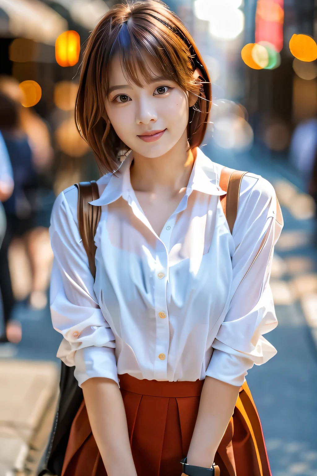 (1. Female), (The best quality at its best:1.4), (Super detailed), (Very detailed CG unified 16k), Beautiful woman with perfect figure: 1.4, Sharp focus: 1.2, Very detailed, High-quality RAW color photos, Professional photography, Great face and eyes, cosmetics, (Amazingly beautiful girl), ((Asuka)), ((shirt, Pleated mini skirt)), Are standing, Sexy posture,(Stylish cityscape, Dawn, Dawn:1.3), (View from below), Realistic movie faces, Wide zoomed out view of head to foot length, Full body long view, Realistic, ((Realistic natural orange red hairstyle, Realistic blue eyes, (Cute short bob hair:1.5)), nice, Very beautiful face, Perfect model beauty, Mouth swelling, Highly detailed face and skin texture, Fine grain, double eyelid, Medium chest, smile, Crack, west, (masterpiece), highest quality, High resolution, Very detailed, Blurred Background, Depth of written boundary, Cinema Lighting, Great legs, High heels, Clear, well-maintained skin, (((Women make up the majority of the photo)))