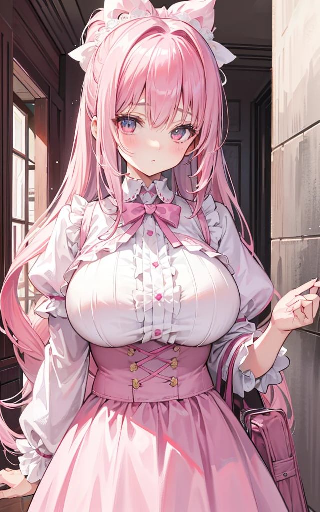 masterpiece, best quality, 1girl, (pink hair, long hair, detailed hair, cat ears, pink eyes:1.3), cute, (horny eyes, heavy blushing, seductive, erotic, horny, excited, extremely horny face:1.1), bedroom, (black hair ribbons:1.2)