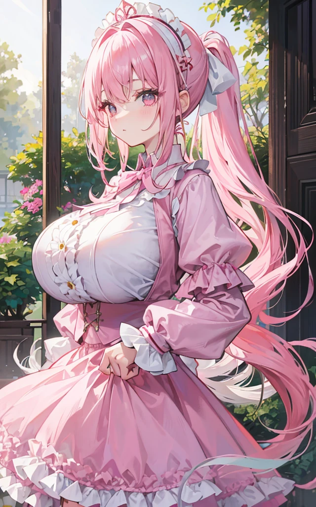 1 22-year-old girl, Pink Hair, Long double ponytail, Pink shirt, Fluffy collar, White fluffy skirt, White ribbon on hair, Lots of hair accessories, Lolita，(Huge breasts：1.8)