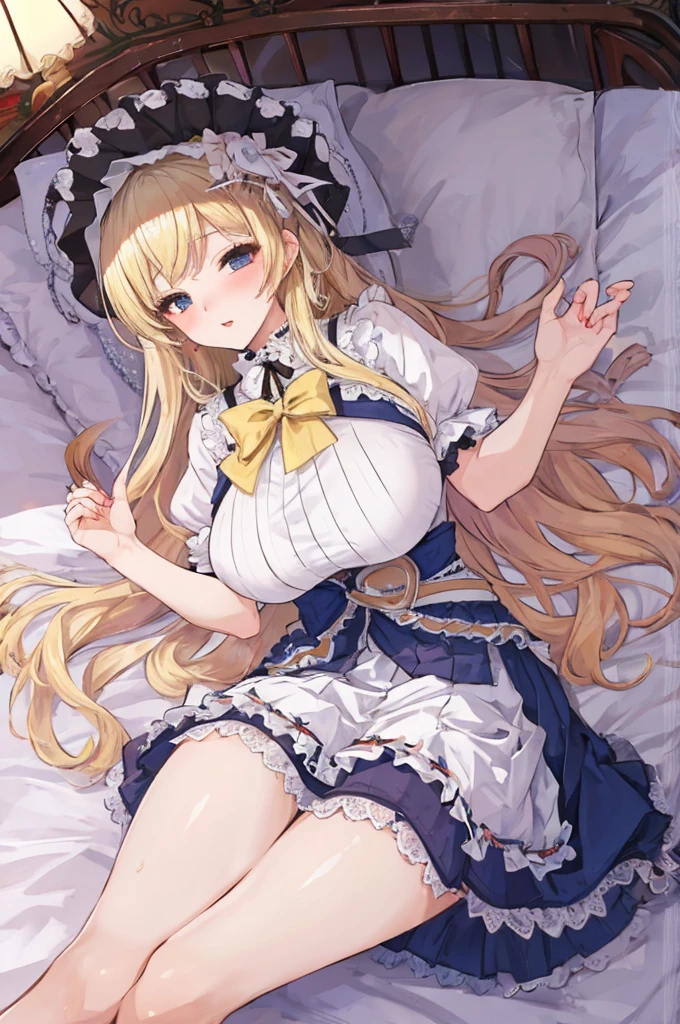 Adorable baby girl with blue eyes, blonde hair, wide hips, wearing a frilly blue bonnet, frilly blue tutu, wearing a frilly white diaper, wearing white stockings, laying in a crib