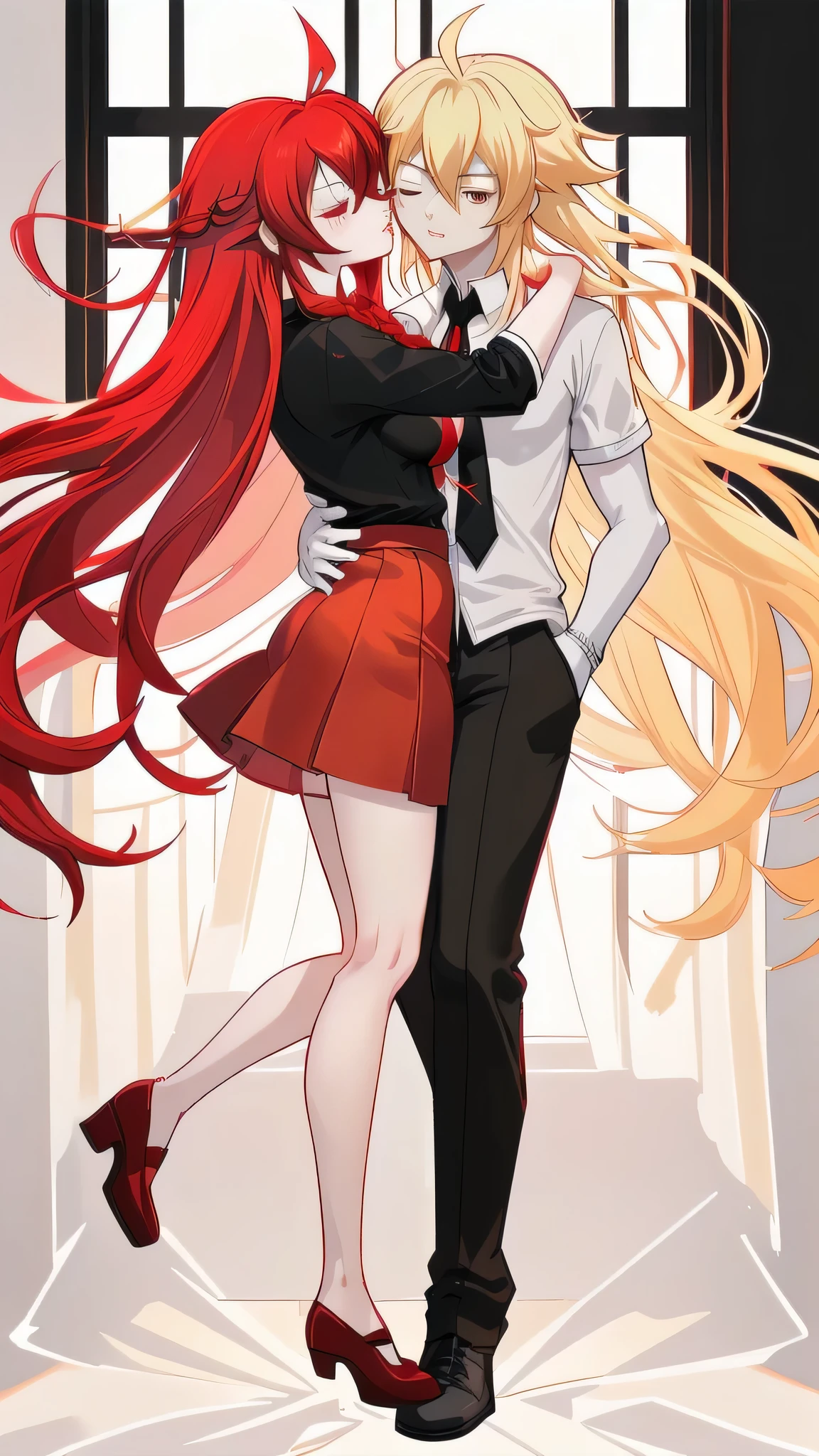 Rias Gremory Full body, big breasts, long hair and red , wearing a  and a red skirt hugging a blonde boy, while kissing him on the lips.  Aether full body, short hair and yellow with a braid, wearing black street clothes and black pants, while hugging and kissing a red-haired girl, and has his eyes closed.
Aether [Genshin Impact].
Rias Gremory [High School DXD].