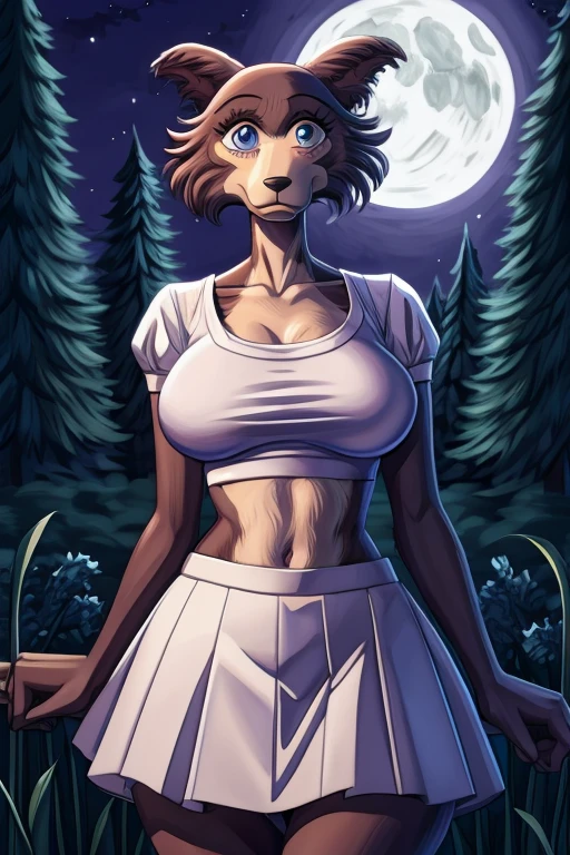 Beastars art style, beastars, Juno, brown wolf, she Wolf, 1girl, furry, long curly brown fur, slim figure, blue eyes, wide hips, Big breasts, White skirt, crop top, night time, woods