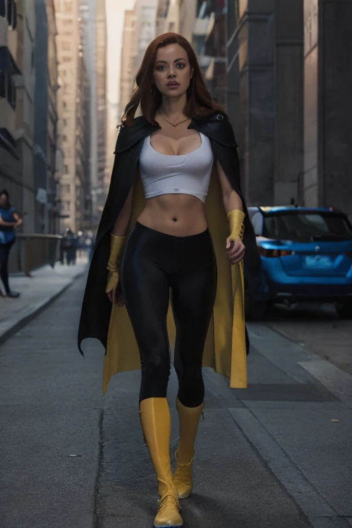 Slim young woman, full body, low legs, Legacy apartment, T-shirt, cleavage, navel showing, crotch showing, (wrinkles on leggins remarking the shape), crystal blue eyes, red hair , daylight, ((black spandex)) , yellow leather cloak,black latex costume and yellow boots high heels