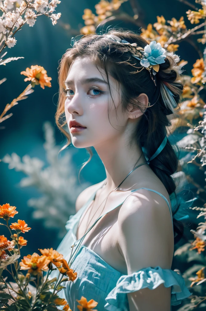 ( masterpiece, top quality, best quality,8k, girl,ultra detailed,raw photo:1.5),(photorealistic:1.4), (cinematic lighting), PerfectNwsjMajic, , Surrealism, UHD, ccurate, Super detail, textured skin, High detail, Best quality, dynamic angle, White skin,[Beautiful blue eyes], high nose,[flat chest:large breasts:0.5],(1girl),((good anatomy:0.5)),(covered in flowers:1.4), night sky, joint, interested in, fire and ice, (The image is divided into two，Available in a variety of colors:2), eyes blues, sapphire, liquid metal, night sky, (Look at an angle:1.3), (fire and ice), ((Lower chrome)), (hairpin:1.4), (forest:1.3), (fog: 1.3),  Subtle colors and tones, mystical aura ,dreamy atmosphere,expressive brush strokes, mystical ambiance, Artistic interpretation,Wonderland, blue glowing flowers tone, upper body