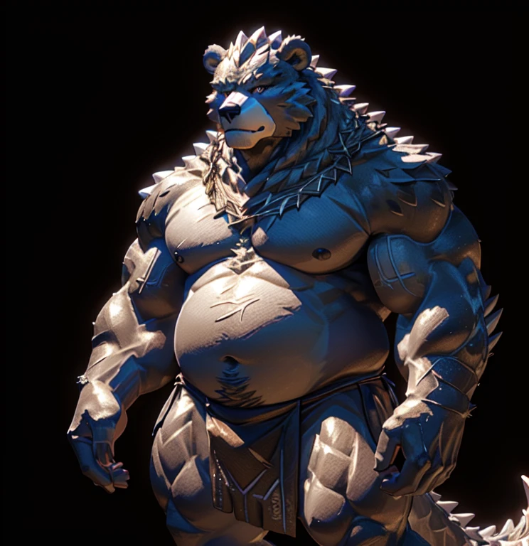 large body and a large tail, musclegut bear, (grey skin, grey skinned), black scales on his back, as a badass monster hunter, fat ripped satanic creature, but as an anthropomorphic bear, muscular, pectoral, wide pectoral, realistic, 8k, masterpiece, (wearing loincloth and shirtless)