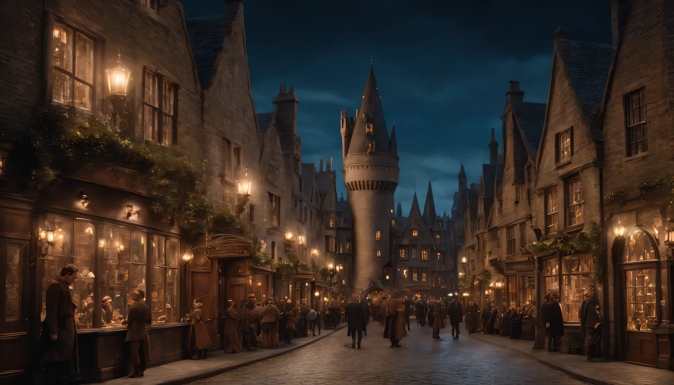 Fantasy Art, Very wide angle shot, Painting, detailed , Deviant art, Contest Winner, Concept Art, , Tim Hildebrandt, Fantasy, ((((Steampunk City)))) , , at night , , Dreamy realism, Art Station ,, Adrian Everson's Style ,Not aesthetic architecture, Movie stills,Greg Rutkowski, Create a reminder《Harry potter》Movie Scenery, Exterior of Diagon Alley and Gringotts at night. Featuring intricate detailing and dynamic design,Immerse your audience in a magical world. The illustration is《Harry potter》The film evokes awe and confusion.