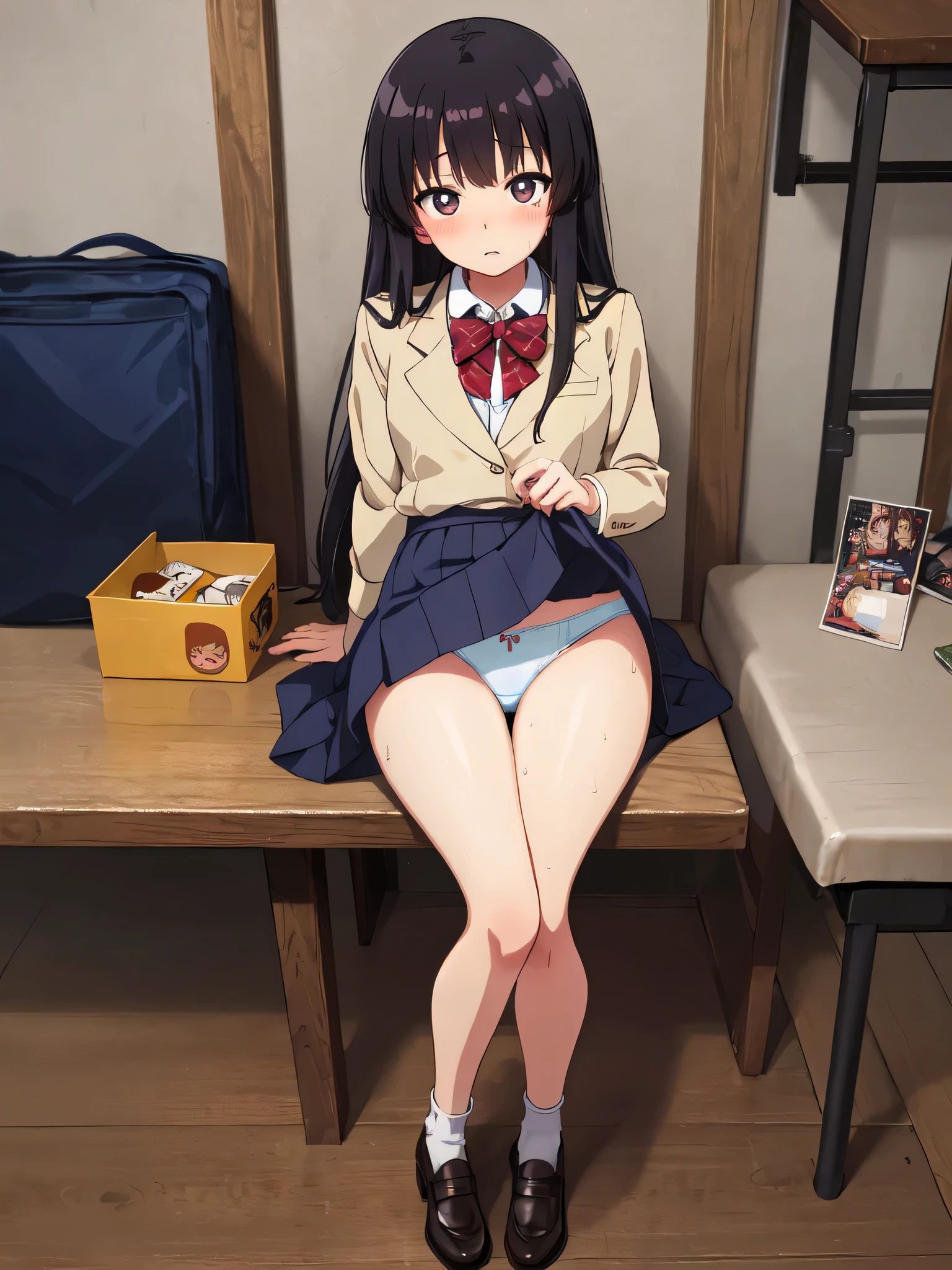 (Masterpiece:1.2), (high quality), (pixiv:1.4), (anime:1.4), wearing underwear, panties, loose socks, black hair, buttocks, brown eyes, blue skirt, solo, blazer type , panties, loose socks, black hair, lifting clothes, brown eyes, blue skirt, pure gaze, miniskirt, herself lift, plaid skirt, kawaii, blush, ((heart-shaped pupils)), (sweat), Long hair, Physical education sitting, beauty legs, Schools