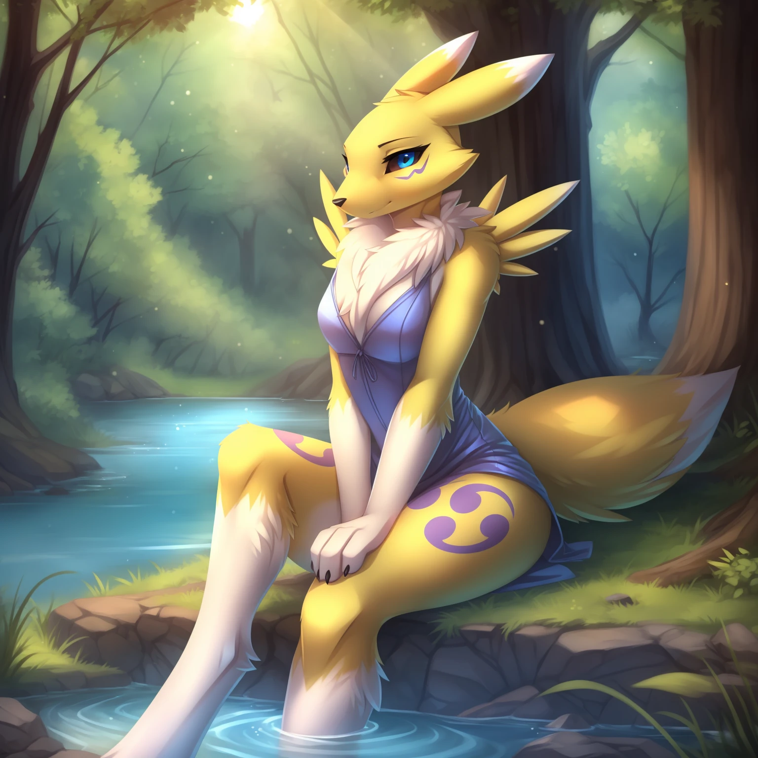 By zinfyuu on pixiv,by twistedscarlet60, uploaded on pixiv, by fluff-kevlar, (masterpiece), (best quality), (anthro furry:1.3, snout:1.2, anthro:1.3, furry:1.2, solo female:1.2), (extremely detailed:1.3), (green_detailed_eye), wearing white dress, sfw, forest, sitting, lake, nature beauty, view on viewer, renamon, very short hair, yellow hair