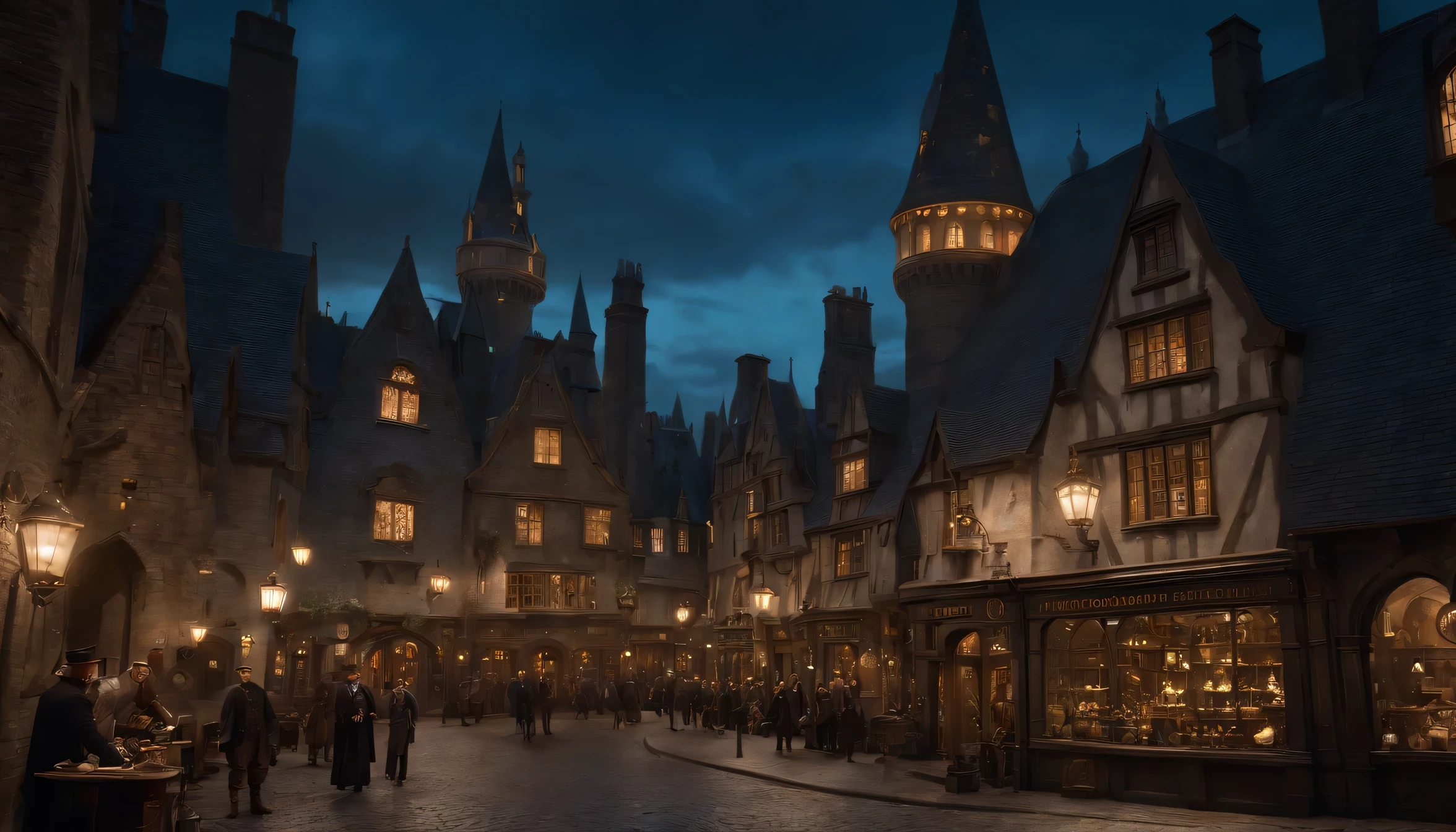 Fantasy Art, Very wide angle shot, Painting, detailed , Deviant art, Contest Winner, Concept Art, , Tim Hildebrandt, Fantasy, ((((Steampunk City)))) , , at night , , Dreamy realism, Art Station ,, Adrian Everson's Style ,Not aesthetic architecture, Movie stills,Greg Rutkowski, Create a reminder《Harry potter》Movie Scenery, Exterior of Diagon Alley and Gringotts at night. Featuring intricate detailing and dynamic design,Immerse your audience in a magical world. The illustration is《Harry potter》The film evokes awe and confusion.