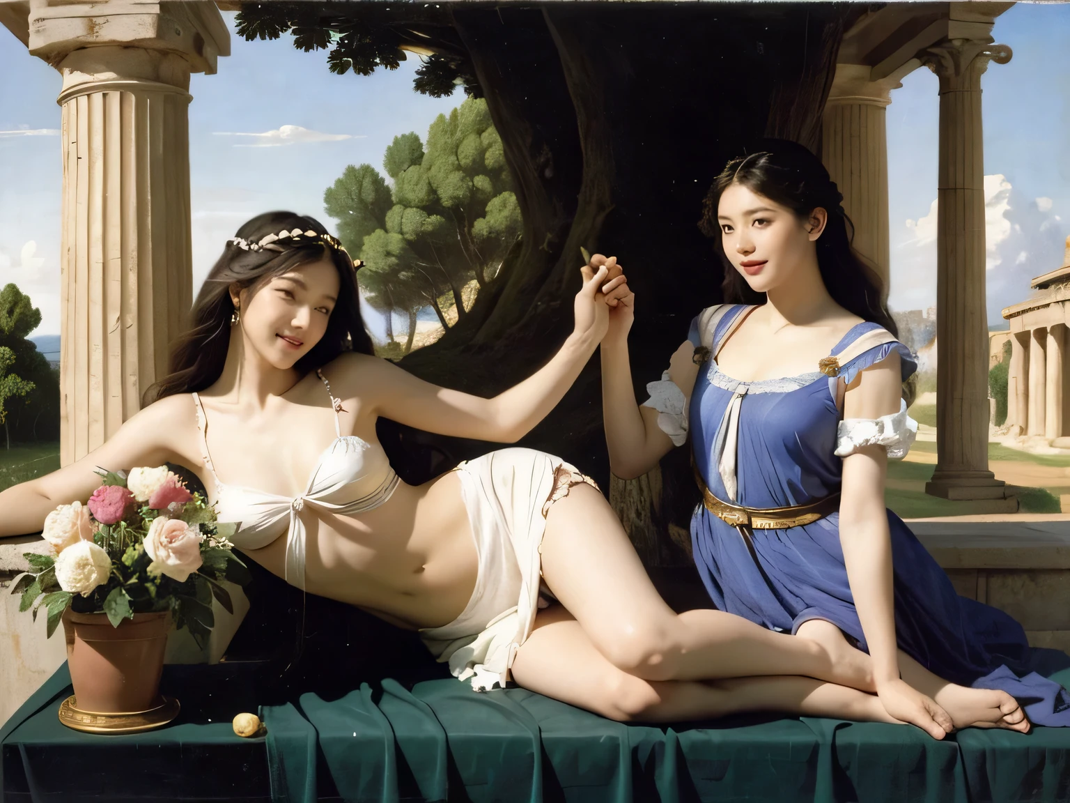 full body portrait or statue、Giorgione painting style,Arguments of two female Philosophe,math、astronomical machine、astronaut、roses in vase、fruits、Cute trinkets、smile、ancient greek costume、Ancient Roman landscape in the style of Nicolas Poussin,laughter,,Sweet and seductive appearance.、Caravaggio's paintings、Chiaroscuro of Caravaggio、hair tousled by the wind,Two women frolicking,cute smile, expression of ecstasy,Sexy,erotic,