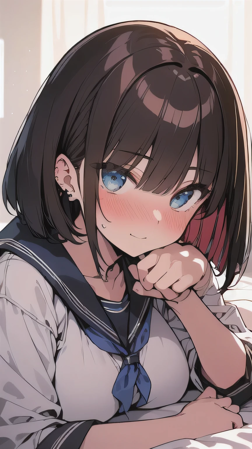 (best quality), (Super detailed), (Best Illustration), (masterpiece), (woman), (full body), (lying on bed:1.2), (serafuku), (large breasts:1.2), {brown hair, (sideburns), (bob cut:1.3), curly hair, hairs between eyes, colored inner hair}, {(detailed eyes), blue eyes}, nose blush, earring,