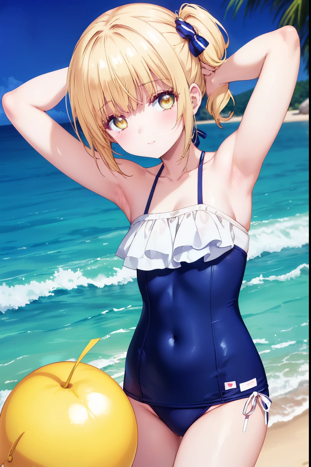 Mahiru shiina, , blonde, (Yellow Eyes:1.3)、Half Bob Hair,,blush,smile,Ocean、Wearing a cute swimsuit,Daytime、Wear a swimsuit、Captivating thighs、Beautiful bare legs, Revealing swimsuit、bikini、School Swimsuit、Show your armpits、Armpit Show
(masterpiece:1.2), highest quality, High resolution, unity 8k wallpaper, (shape:0.8), (Beautiful and beautiful eyes:1.6), Highly detailed face, Perfect lighting, Highly detailed CG, (Perfect hands, Perfect Anatomy),