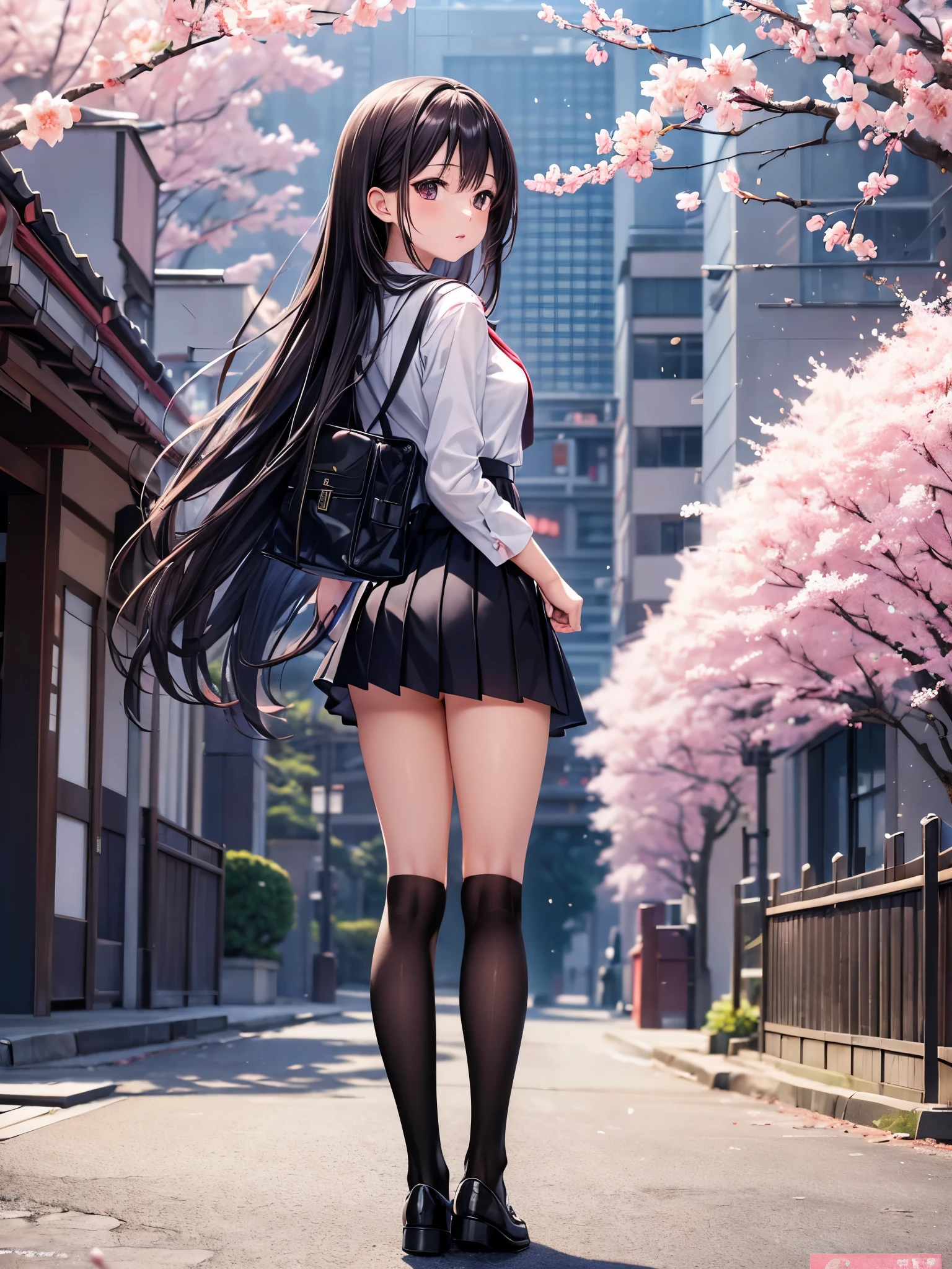 ((Ultra-delicate)), ((Ultra-detail)),(Be focused), (high resolution), Deformed depth of field blurred background, (Detailed background), Perfect layer cut, (full-body shot), rear View, a girl, one person, ((Japanese student)), slim figure, smooth skin, black long hair, slim legs, beautiful fingers, School uniform, white shirt, Black pleated student skirt, dark stockings, Dark student shoes, Background japan city, on street, outdoor , spring, morning, Cherry blossoms, flying Cherry blossoms, CG unity, 8k, Octane Render,