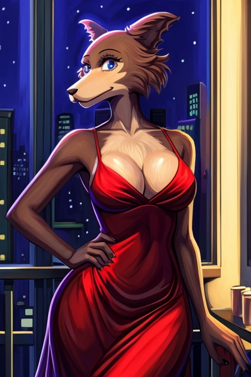 Beastars art style, beastars, Juno, brown wolf, she Wolf, 1girl, furry, long curly brown fur, slim figure, blue eyes, wide hips, Big breasts, party dress, cleavage, night time, New York hotel