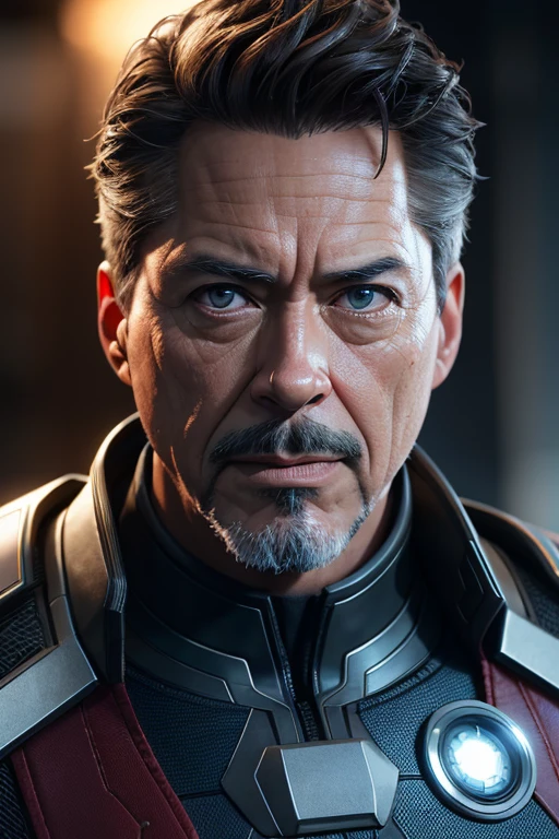 Marvel, Old man Tony Stark, realistically, dynamic lights, old, gray stubble, full shoot, (extremely detailed CG unity 8k wallpaper), trending on ArtStation, trending on CGSociety, High Detail, Sharp focus, dramatic, photorealistic