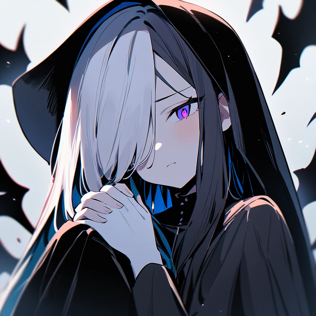 {{{2girls}}}},duo,portrait,pale colour,masterpiece,best quality,very aesthetic,absurdres,alternate color,chromatic aberration,colored inner hair, high contrast, marbleeyes,human,habit,body,comforting, hand grip, own hands claspedown hands clasped,dark color, only human,hair over one eye, hair between eyes,kneeling,black vs white,Angels and Demons