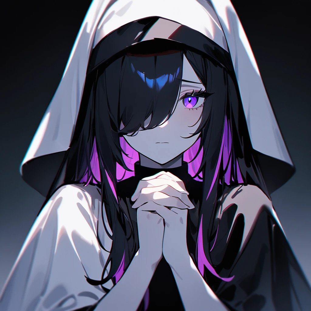 {{{2girls}}}},duo,portrait,pale colour,masterpiece,best quality,very aesthetic,absurdres,alternate color,chromatic aberration,colored inner hair, high contrast, marbleeyes,human,habit,body,comforting, hand grip, own hands claspedown hands clasped,dark color, only human,hair over one eye, hair between eyes,kneeling,black vs white,Angels and Demons