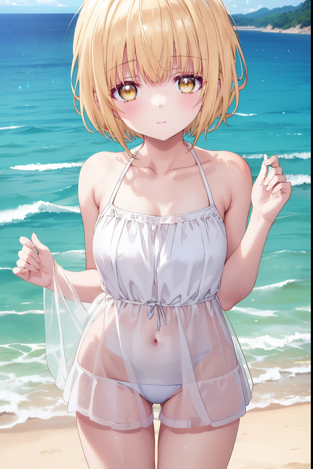 Mahiru shiina, , blonde, (Yellow Eyes:1.3)、Half Bob Hair,,blush,smile,Ocean、Wearing a cute swimsuit,Daytime、Wear a swimsuit、Captivating thighs、Beautiful bare legs, Revealing swimsuit、bikini、School Swimsuit
（masterpiece:1.2), highest quality, High resolution, unity 8k wallpaper, (shape:0.8), (Beautiful and beautiful eyes:1.6), Highly detailed face, Perfect lighting, Highly detailed CG, (Perfect hands, Perfect Anatomy),