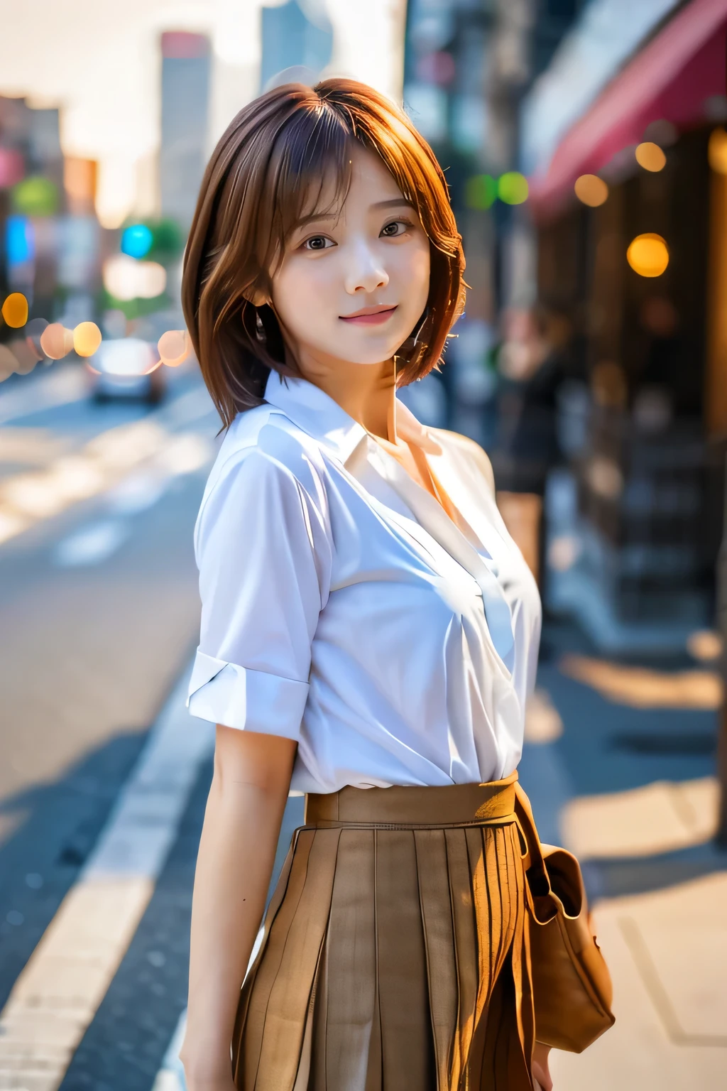 (1. Female), (The best quality at its best:1.4), (Super detailed), (Very detailed CG unified 16k), Beautiful woman with perfect figure: 1.4, Sharp focus: 1.2, Very detailed, High-quality RAW color photos, Professional photography, Great face and eyes, cosmetics, (Amazingly beautiful girl), ((Asuka)), ((shirt, Pleated mini skirt)), Are standing, Sexy posture,(Stylish cityscape, Dawn, Dawn:1.3), (View from below), Realistic movie faces, (Wide zoomed out view of head to foot length, Full body long view:1.5), Realistic, ((Realistic natural orange red hairstyle, Realistic blue eyes, (Cute short bob hair:1.5)), nice, Very beautiful face, Perfect model beauty, Mouth swelling, Highly detailed face and skin texture, Fine grain, double eyelid, Medium chest, smile, Crack, west, (masterpiece), highest quality, High resolution, Very detailed, Blurred Background, Depth of written boundary, Cinema Lighting, Great legs, High heels, Clear, well-maintained skin, (((Women make up the majority of the photo)))