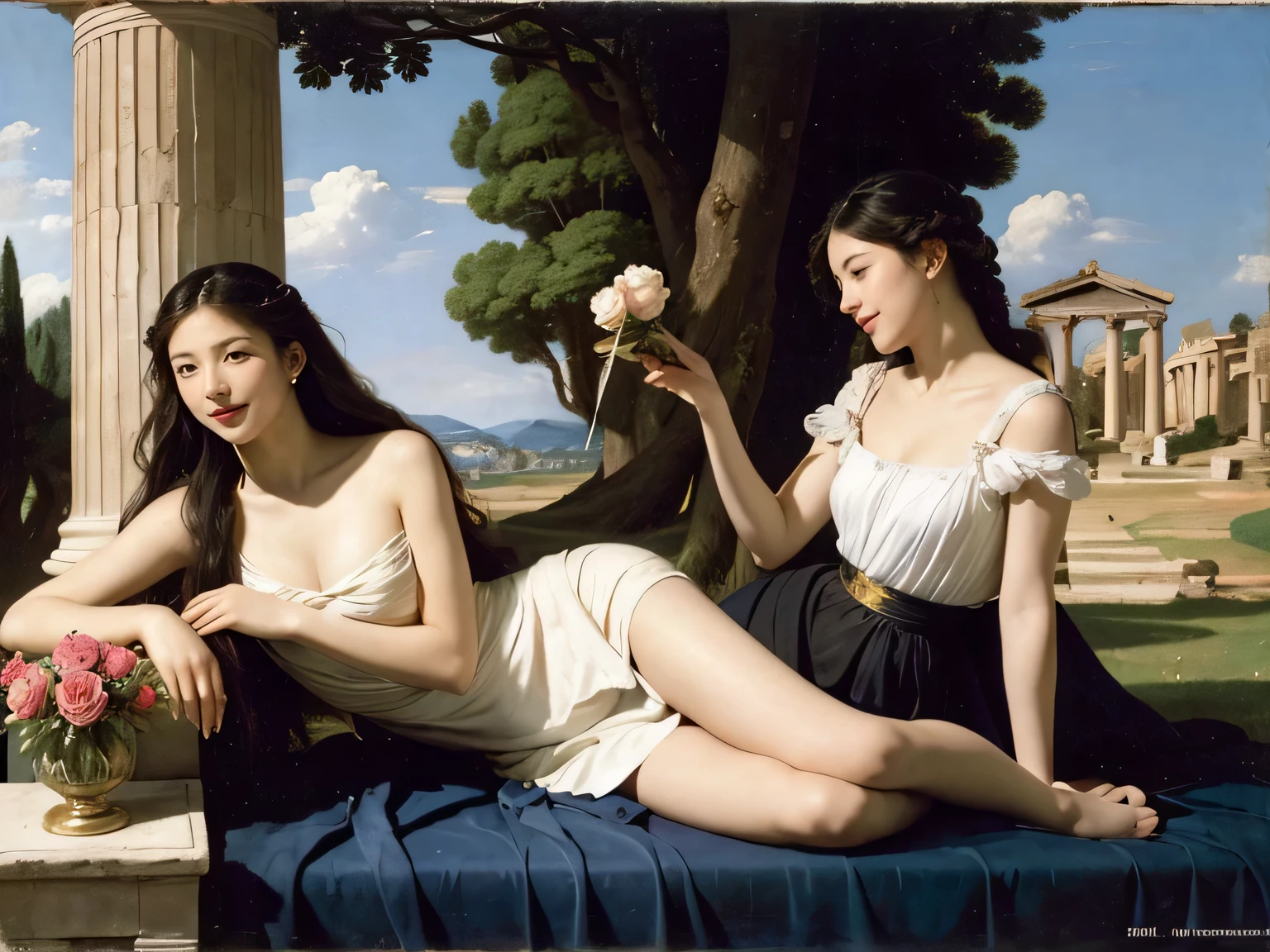 full body portrait or statue、Giorgione painting style,Arguments of two female Philosophe,math、astronomical machine、astronaut、roses in vase、fruits、Cute trinkets、smile、ancient greek costume、Ancient Roman landscape in the style of Nicolas Poussin,laughter,,Sweet and seductive appearance.、Caravaggio's paintings、Chiaroscuro of Caravaggio、hair tousled by the wind,Two women frolicking,cute smile, expression of ecstasy,Sexy,erotic,