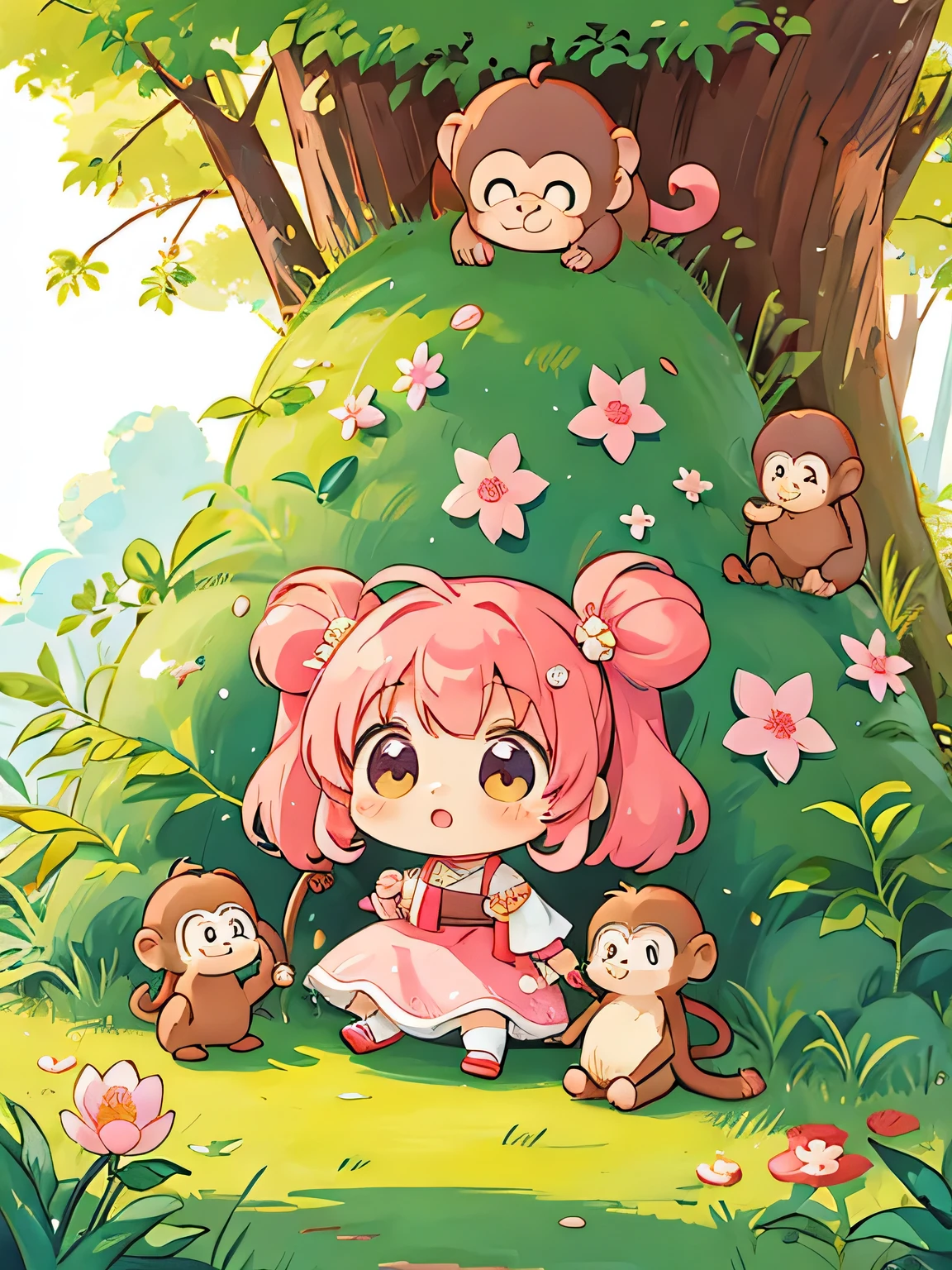 Momoko Sakura style, Kawaii Design, Chibi, monkey, monkey Forest