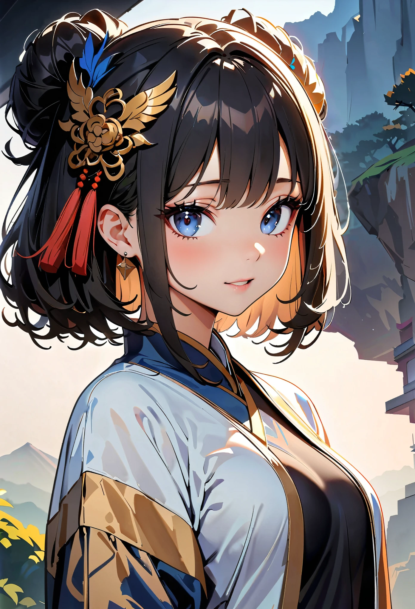 (high quality, 8k, 4K, High Contrast, masterpiece:1.2, 最high quality, Best aesthetics), ((1 female)), Chinese traditional clothing, Beautiful and detailed eyes and face, An exquisitely crafted hair ornament, Real Skin Glow, pretty girl, Shy, close, Upper Body, Clean background, A magnificent work, A fantasy landscape set in China.