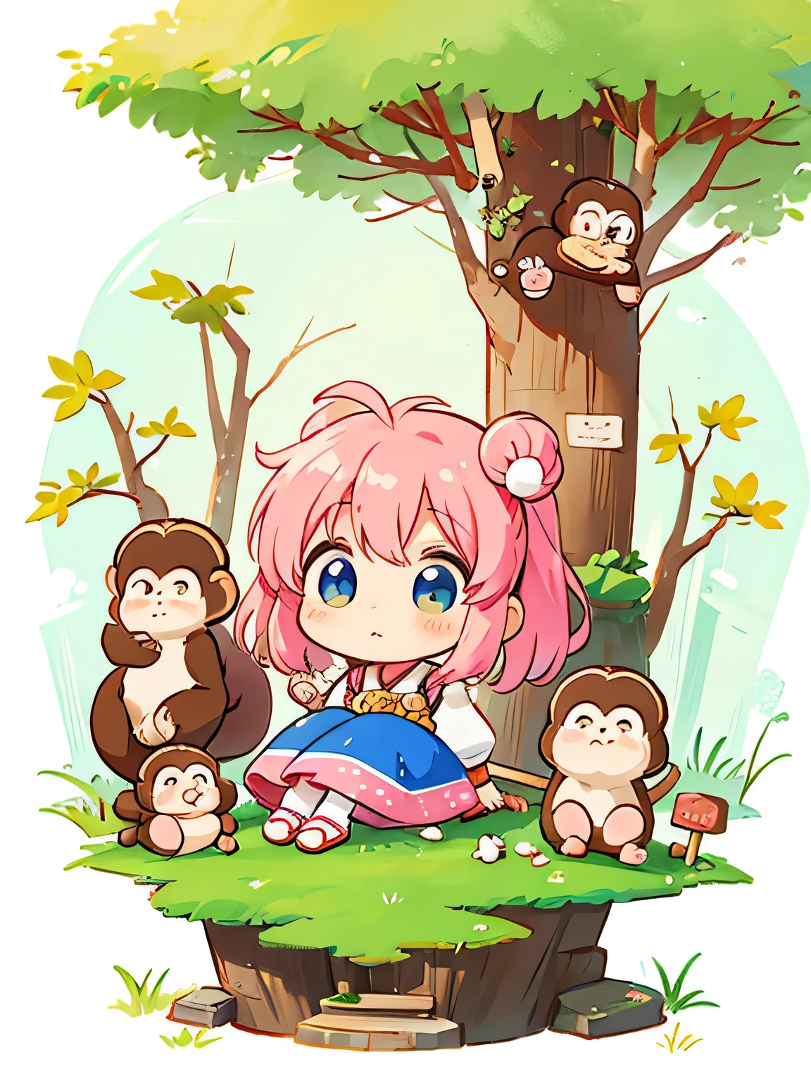 Momoko Sakura style, Kawaii Design, Chibi, monkey, monkey Forest