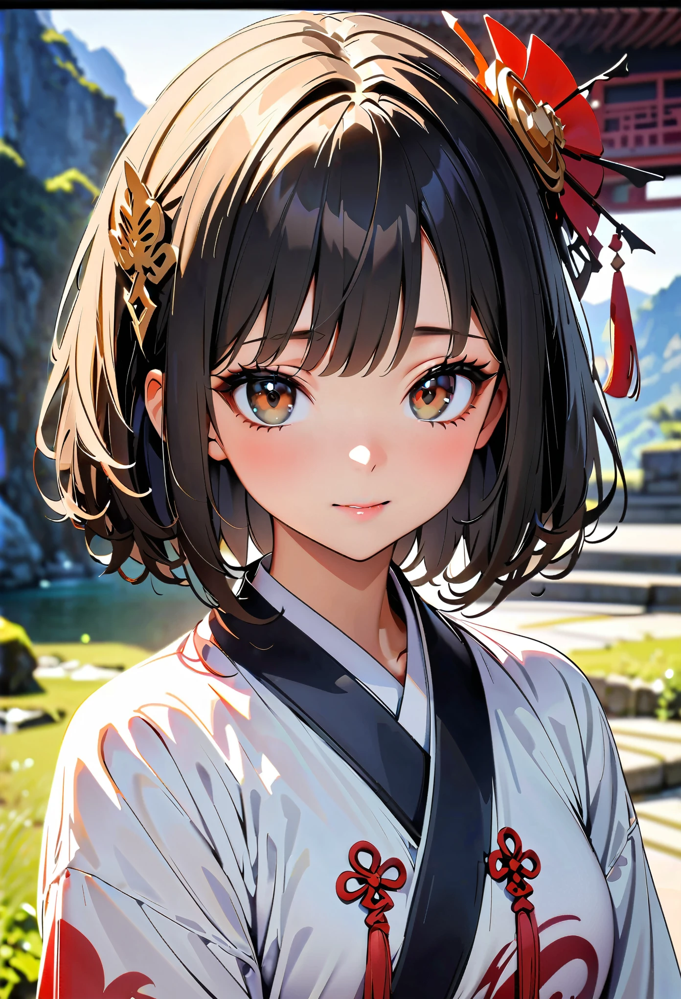 (high quality, 8k, 4K, High Contrast, masterpiece:1.2, 最high quality, Best aesthetics), ((1 female)), Chinese traditional clothing, Beautiful and detailed eyes and face, An exquisitely crafted hair ornament, Real Skin Glow, pretty girl, Shy, close, Upper Body, Clean background, A magnificent work, A fantasy landscape set in China.