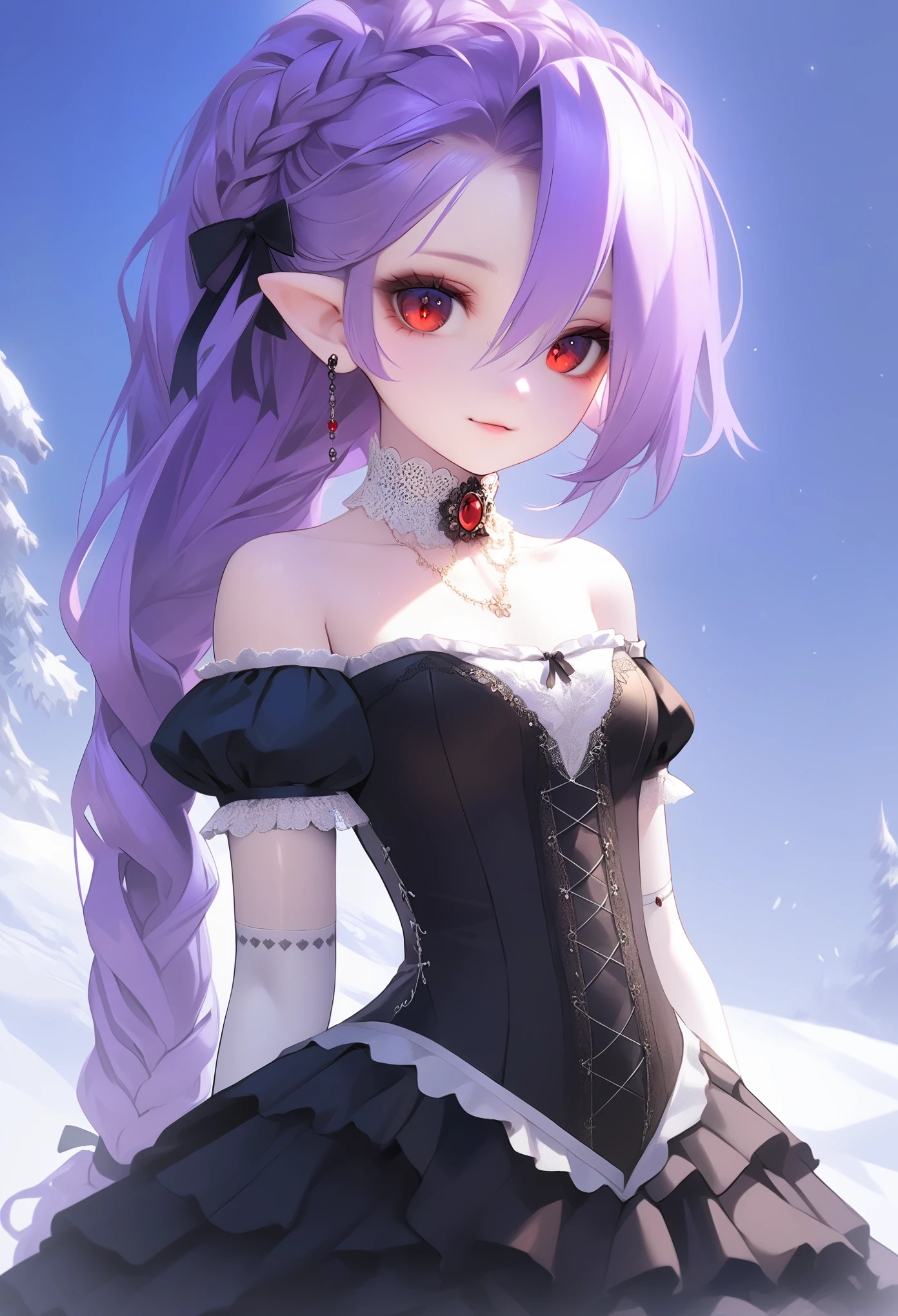 masterpiece, illustration, best quality, menacingjojo, cg, wallpaper, 1girl, solo, light purple hair, long hair, french braid, single sidelock, red eyes, multicolored eyes, small breasts, flat chest, , victorian dress, embellished dress, black dress, corset, neckwear, off-shoulder dress, frills, doll, doll joints, dynamic pose, leaning back, from below, looking down, looking at viewer, arms behind back, text, upper body, portrait, cold, neutral