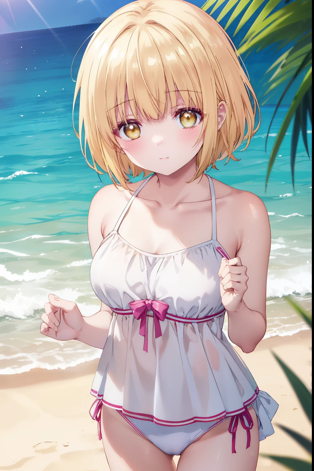 Mahiru shiina, , blonde, (Yellow Eyes:1.3)、Half Bob Hair,,blush,smile,Ocean、Wearing a cute swimsuit,Daytime、Wear a swimsuit、Captivating thighs、Beautiful bare legs, Revealing swimsuit、bikini、School Swimsuit
（masterpiece:1.2), highest quality, High resolution, unity 8k wallpaper, (shape:0.8), (Beautiful and beautiful eyes:1.6), Highly detailed face, Perfect lighting, Highly detailed CG, (Perfect hands, Perfect Anatomy),