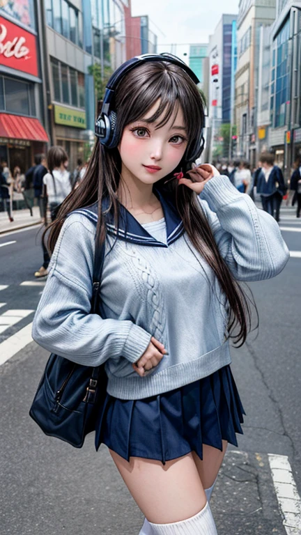 90s City Pop Art、City Pop Style、Sketch Style、LOFI Girl、Beautiful school girl、8 Head Model、Navy blue sailor suit、White sweater、mini skirt、Knee-high socks、Stroll around Harajuku、Headphones 1.2、listen to music、whole body、1 person、Cowboy Shot、listen to music,cucumber