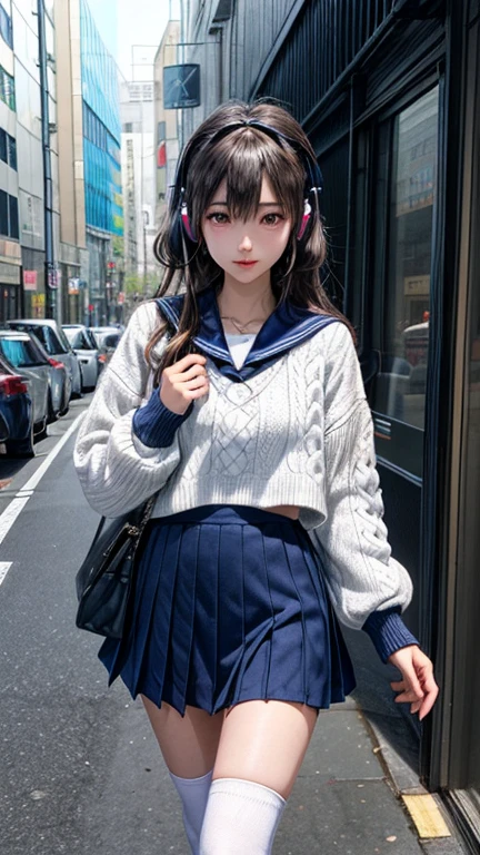 90s City Pop Art、City Pop Style、Sketch Style、LOFI Girl、Beautiful school girl、8 Head Model、Navy blue sailor suit、White sweater、mini skirt、Knee-high socks、Stroll around Harajuku、Headphones 1.2、listen to music、whole body、1 person、Cowboy Shot、listen to music,cucumber