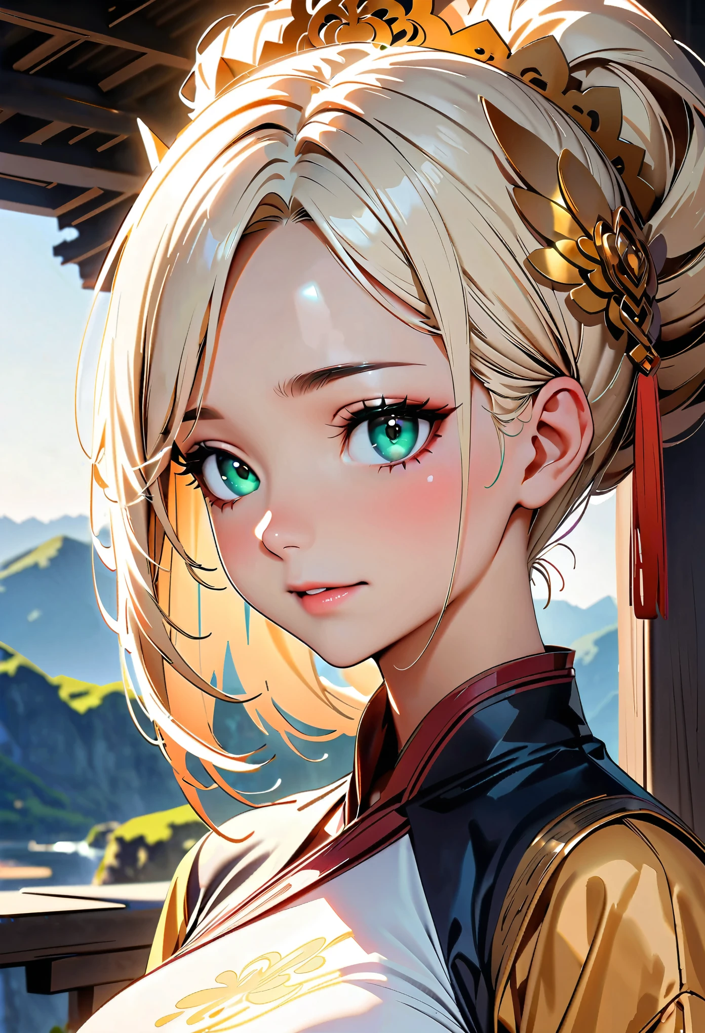(high quality, 8k, 4K, High Contrast, masterpiece:1.2, 最high quality, Best aesthetics), ((1 female)), Chinese traditional clothing, Beautiful and detailed eyes and face, An exquisitely crafted hair ornament, Real Skin Glow, pretty girl, Shy, close, Upper Body, Clean background, A magnificent work, A fantasy landscape set in China.