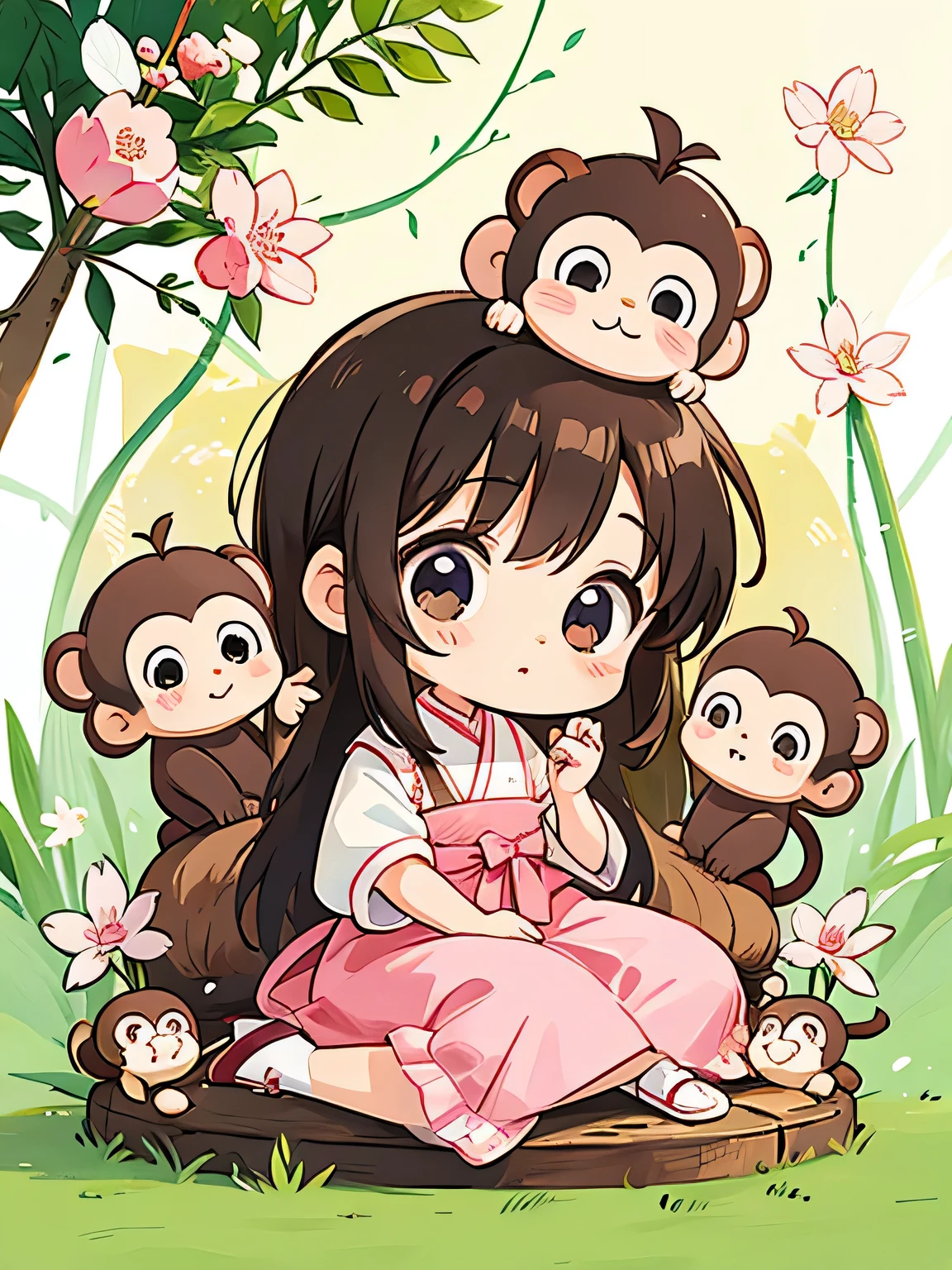 Momoko Sakura style, Kawaii Design, Chibi, monkey, monkey Forest