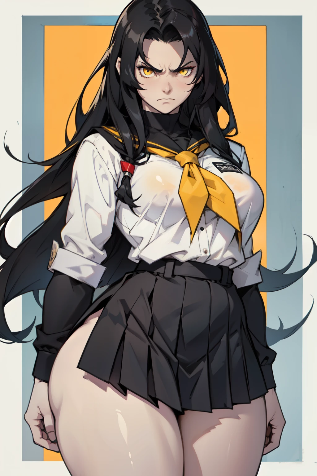 (1girl), black hair, extremely long hair, yellow eyes, (skinnyr)), huge breasts, thick thighs, small waist, solo, angry, (pale skin), cowboy shot, (school uniform)