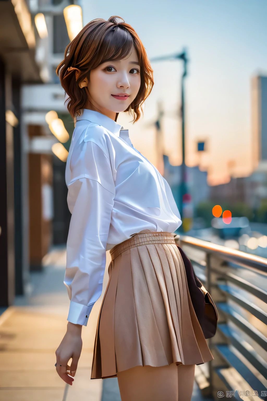 (Wide zoomed out view of head to foot length, Full body long view:1.5),(1. Female), (The best quality at its best:1.4), (Super detailed), (Very detailed CG unified 16k), Beautiful woman with perfect figure: 1.4, Sharp focus: 1.2, Very detailed, High-quality RAW color photos, Professional photography, Great face and eyes, cosmetics, (Amazingly beautiful girl), ((Asuka)), ((shirt, Pleated mini skirt)), Are standing, Sexy posture,(Stylish cityscape, Dawn, Dawn:1.3), (View from below:1.2), Realistic movie faces, Realistic, ((Realistic natural orange red hairstyle, Realistic blue eyes, (Cute short bob hair:1.5)), nice, Very beautiful face, Perfect model beauty, Mouth swelling, Highly detailed face and skin texture, Fine grain, double eyelid, Medium chest, smile, Crack, west, (masterpiece), highest quality, High resolution, Very detailed, Blurred Background, Depth of written boundary, Cinema Lighting, Great legs, High heels, Clear, well-maintained skin, (((Women make up the majority of the photo)))