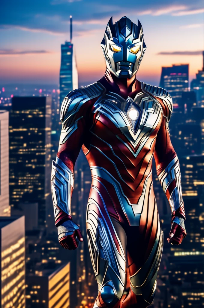 beautiful detail, best quality, 8k, highly detailed face and skin texture, high resolution, ultraman stand over the city, full body, sharp focus