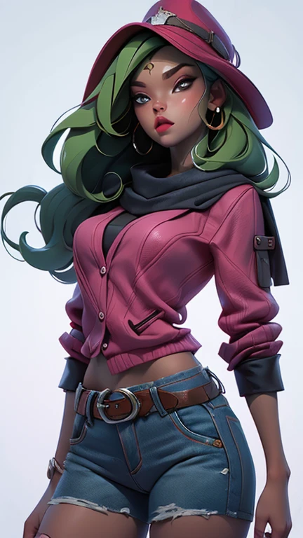 la mejor calidad posible, 8K Ultra Resolution, Stunning illustration, Lo mejor de todo, premiado, como ser el mejor, Cowboy hat Leather belt with buckle, armas en cada mano, Action pose Adds effect at the end., Chaqueta de cuero rosado, scarf neck length, Gafas de sol de color rosado:1.3, pantalones jeans claro rotos y desflecados, ((rosado, cian, Brown, verdes ,colores blancos: 1.5)), epic desert setting: 1.5, fotorrealista: 1.4, Textura de la piel: 1.4, super masterpiece, super detailed, hiper detallada, 32K