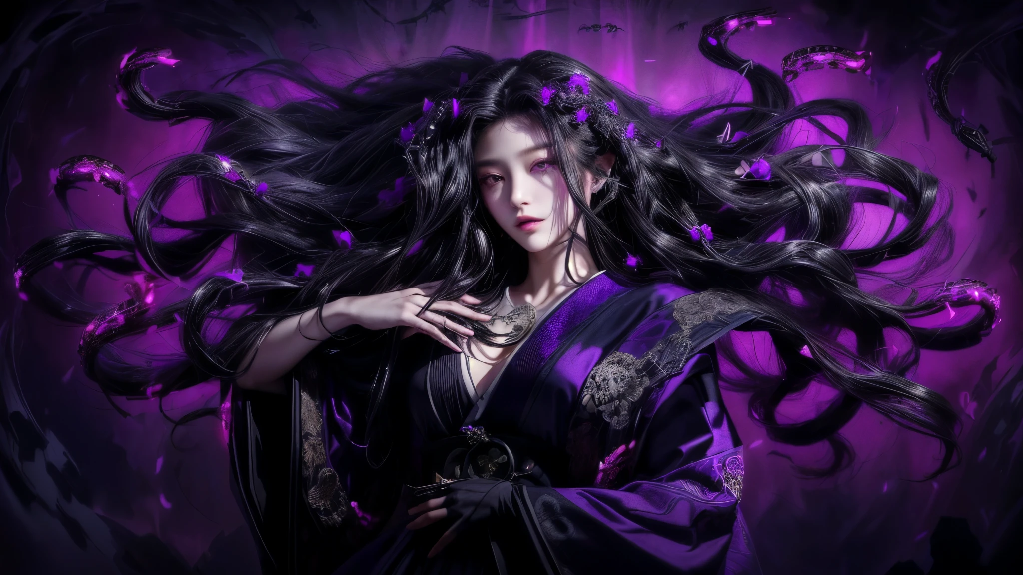 A young Japanese woman with dark hair poses for a photo, dark Portrait of Medusa, Many snakes like her hair, Dark Queen of Snakes, Woman medusa long hair, Long, flowing Medusa hair, Beautiful witch with long hair, Beautiful female gorgon, The Dark Lady with Six Arms, Portrait of Medusa, Boiling Medusa, Swirling black hair, Beautiful witch spooky woman、Her hair is made up of multiple detailed snakes、Purple gradient