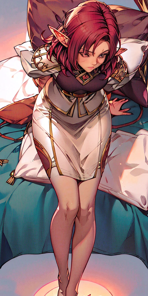 red tinted hair, white armor, long cape, long black glovelack pantyhoses, beautiful female standing with white boots (elf) (1girl) solo, sitting on bed, bedroom background (PINK SHEETS and a pillow)