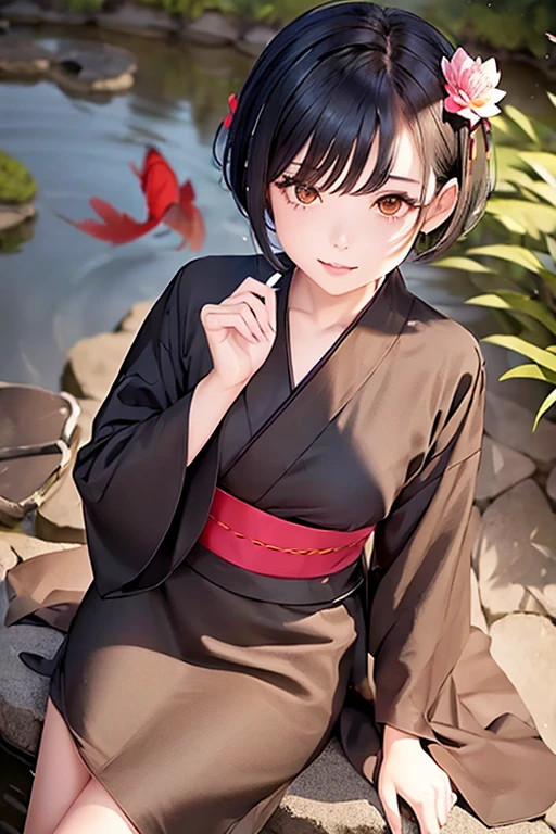 1girl,solo,cute,black hair,short hair,kimono,ornamental hairpin,pond,fly fish,carp