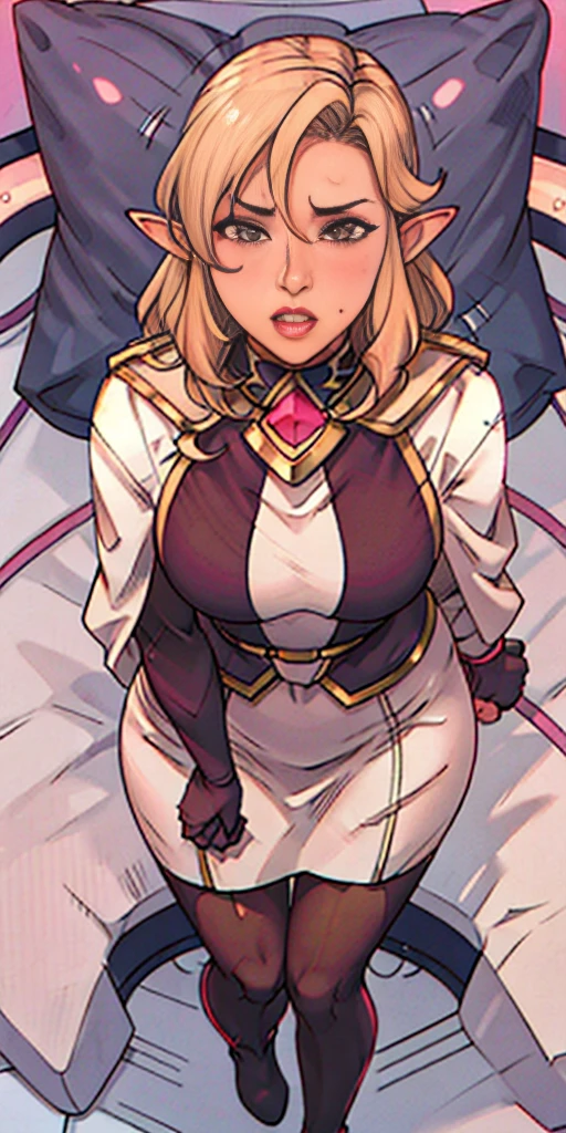 blonde tinted hair, white armor, long cape, long black glove lack panty hoses, beautiful female standing with white boots (elf) (1girl) solo, sitting on bed, bedroom background (PINK SHEETS and a pillow)