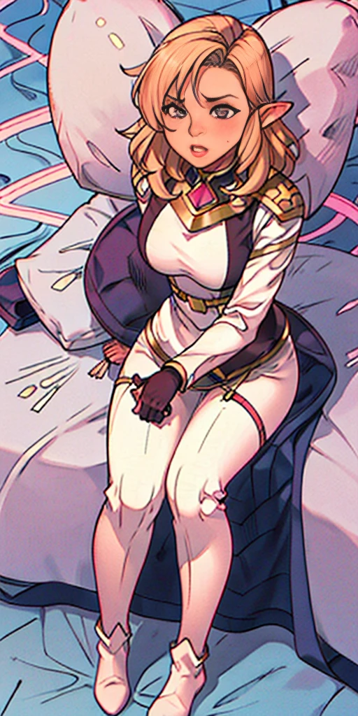 blonde tinted hair, white armor, long cape, long black glove lack panty hoses, beautiful female standing with white boots (elf) (1girl) solo, sitting on bed, bedroom background (PINK SHEETS and a pillow)